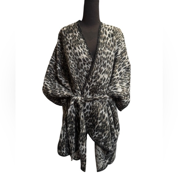 Anne Klein Sweaters - ANNE KLEIN OS Leopard Print Cozy Shawl Wrap Sweater Belted Gray Black EUC